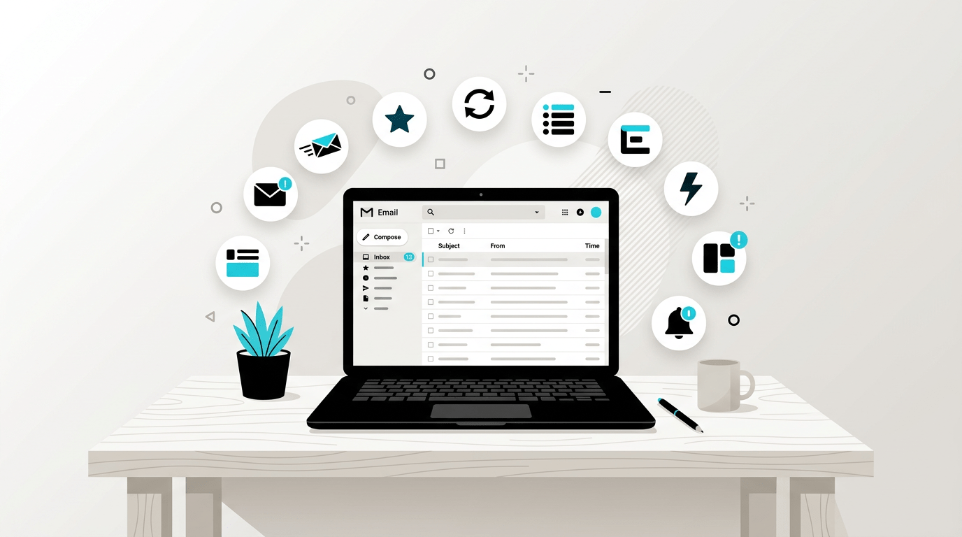 Best email apps in 2026 — laptop showing multiple email interfaces including Gmail, Superhuman, and CMDK